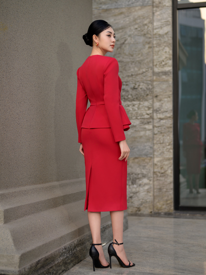 ALICIA RED ARCHITECTUAL INSPIRED DRESS