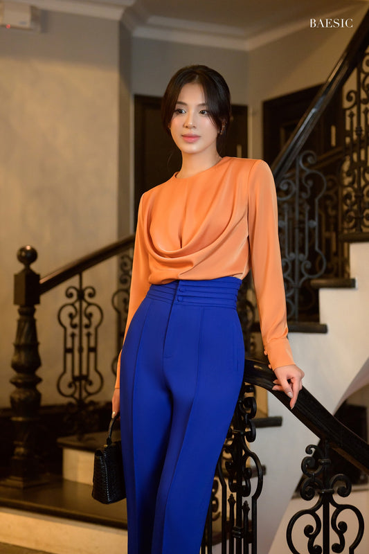 LAYA ORANGE SILK BLOUSE & BLUE HIGH WAIST TROUSERS