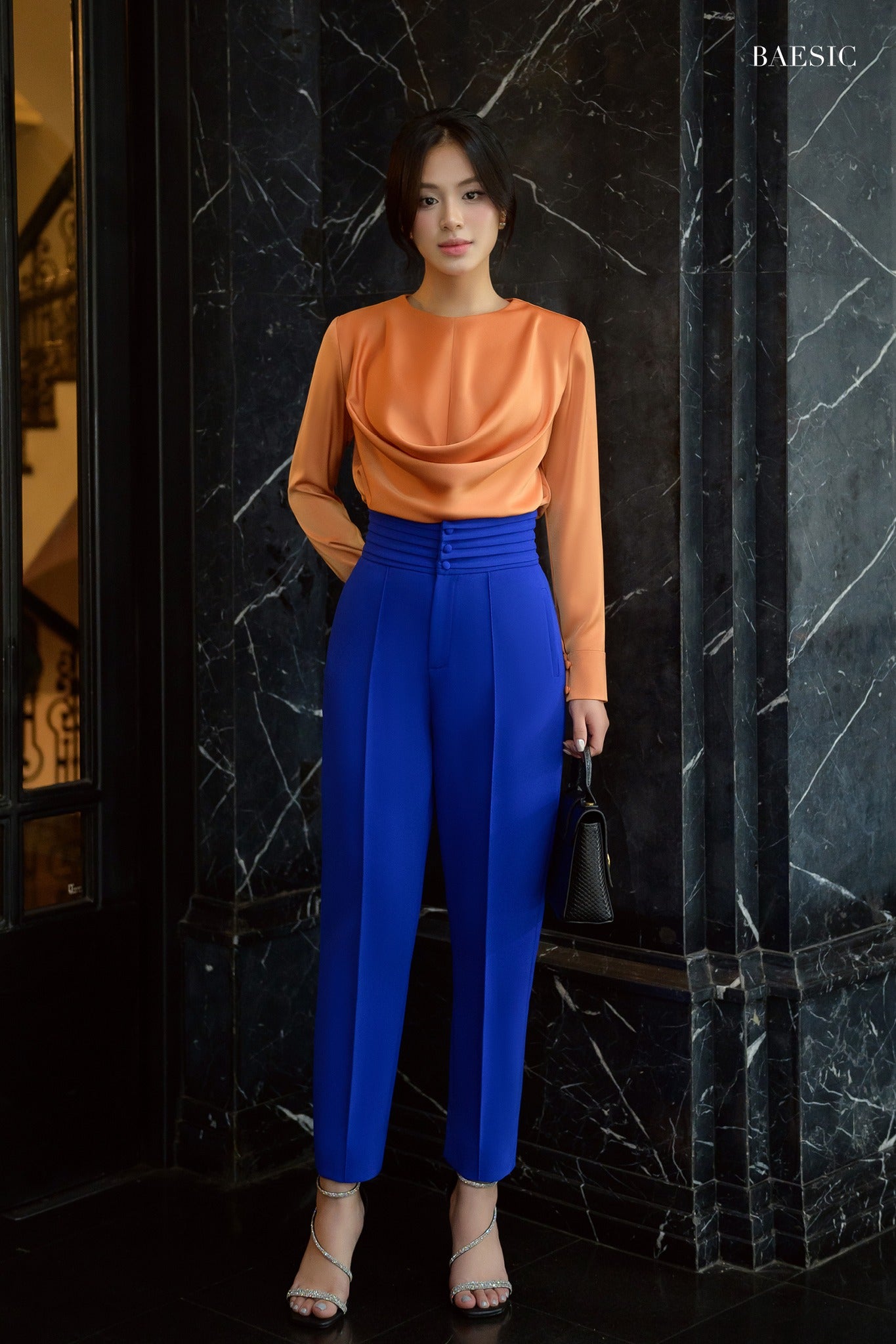 LAYA ORANGE SILK BLOUSE & BLUE HIGH WAIST TROUSERS