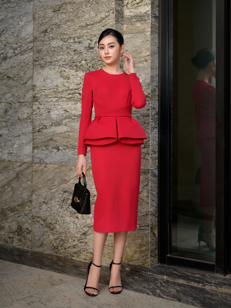 ALICIA RED ARCHITECTUAL INSPIRED DRESS