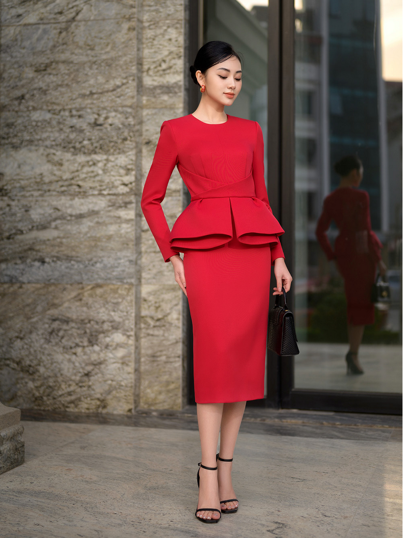 ALICIA RED ARCHITECTUAL INSPIRED DRESS
