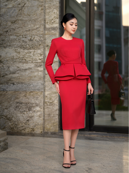 ALICIA RED ARCHITECTUAL INSPIRED DRESS