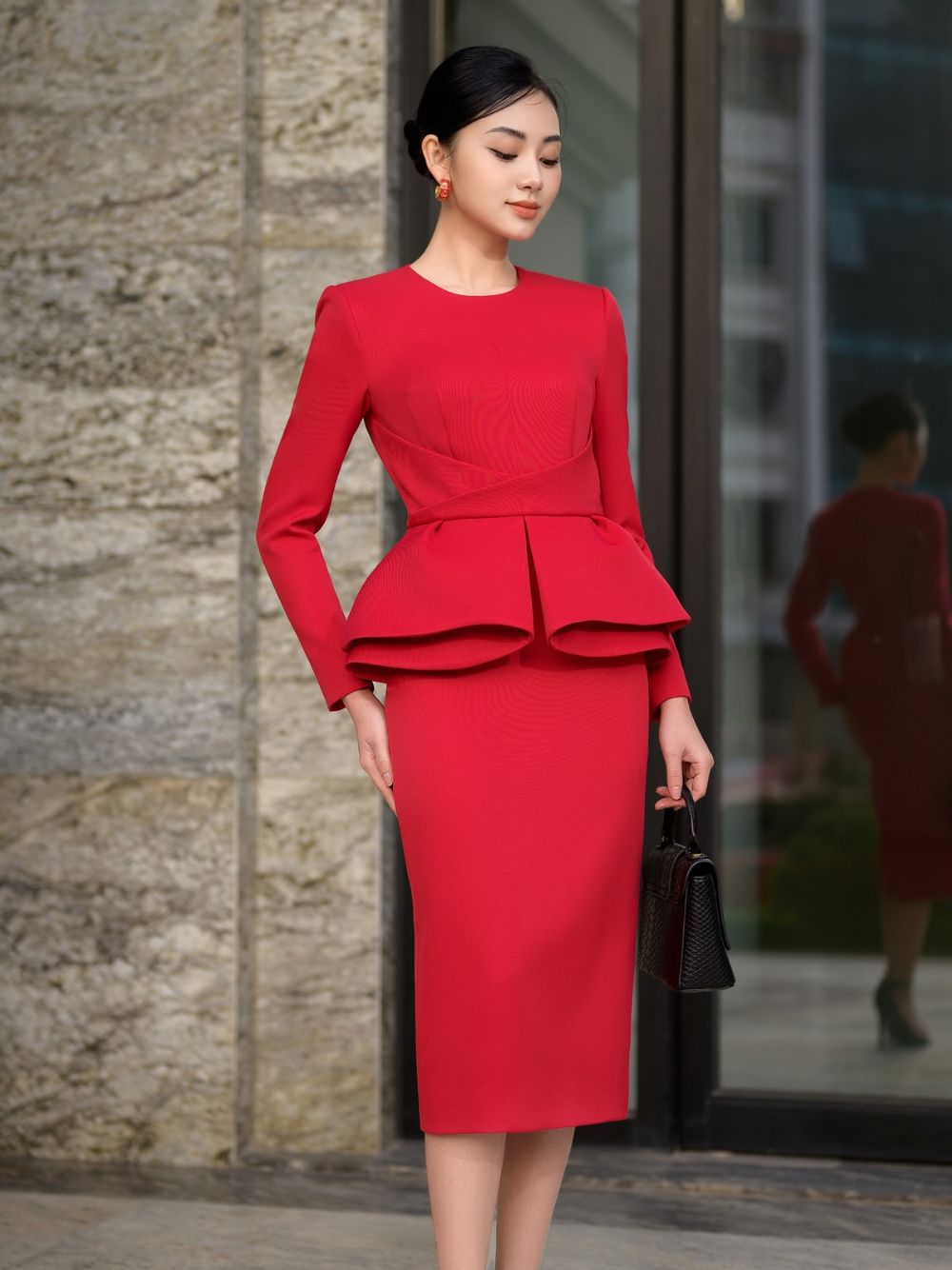 ALICIA RED ARCHITECTUAL INSPIRED DRESS